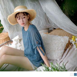 Short-sleeve Tie-cuff Lace Panel Top