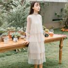 Long-sleeve Mesh Midi Layered Dress