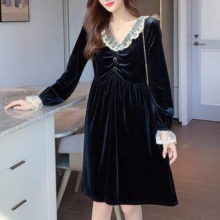 Long-sleeve Lace Trim Velvet A-line Dress