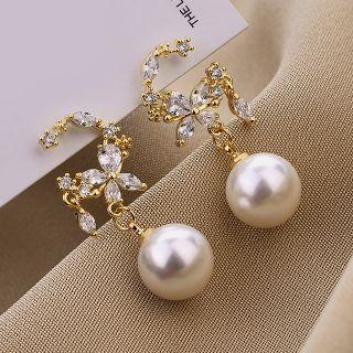 Rhinestone Faux Pearl Drop Earring 1 Pair - Qr216 - Gold - One Size