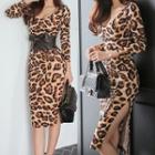 3/4-sleeve Leopard Print Slit Sheath Dress