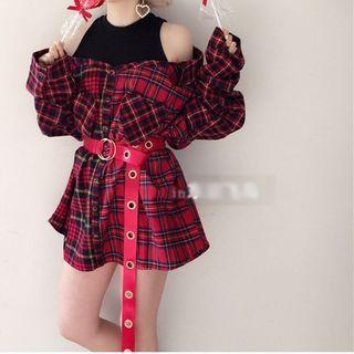 Mock Two-piece Long-sleeve Mini Shirtdress / Belt