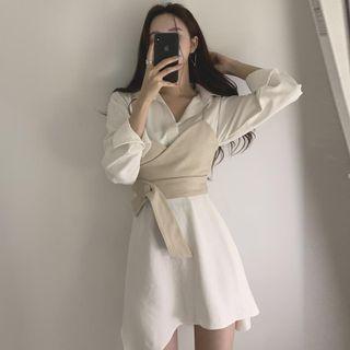Set: Long-sleeve Asymmetrical Mini Shirtdress + Cropped Camisole Top