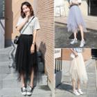 Mesh Irregular Midi A-line Skirt