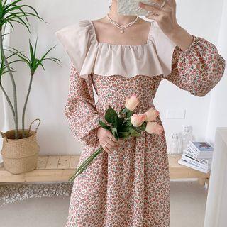 Long-sleeve Off-shoulder Floral Midi A-line Dress