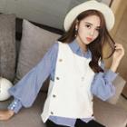 Set: Pinstripe Puff-sleeve Blouse + Vest