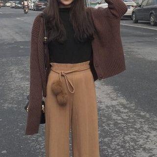 Plain Cardigan / Plain Turtle-neck Long-sleeve T-shirt