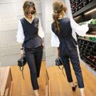 Set: Elbow-sleeve Peplum Top + Cropped Dress Pants