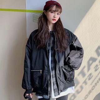 Plaid Panel Bomber Jacket Black - One Size