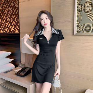 Short-sleeve Checker Print Collar Half-zip Bodycon Dress