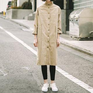 Stand Collar Drawstring Waist Long Shirt