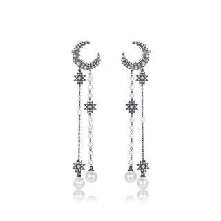 Fashion Simple Plated Black Moon Imitation Pearl Tassel Earrings With Cubic Zirconia Black - One Size