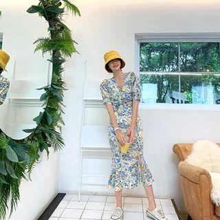 Wrap-front Slit-hem Floral Mermaid Dress