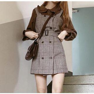 Long-sleeve Blouse / Plaid Mini Jumper Dress / Set