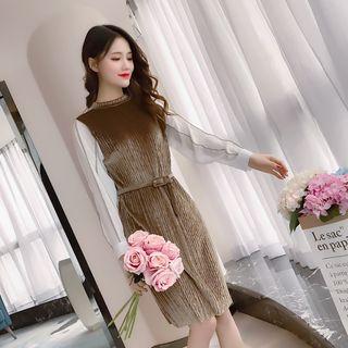 Mock Two Piece Long-sleeve Panel Velvet Dress