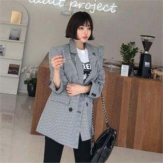 Double-breasted Checked Long Blazer Black - One Size