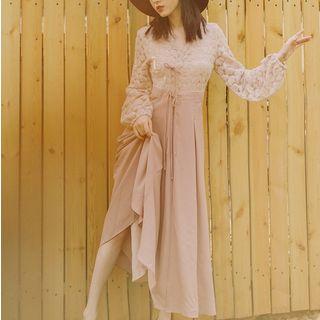 Lantern-sleeve Lace Panel Maxi A-line Dress