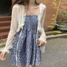 Strapless Shirred Floral Print Mini A-line Dress / Lace Light Jacket
