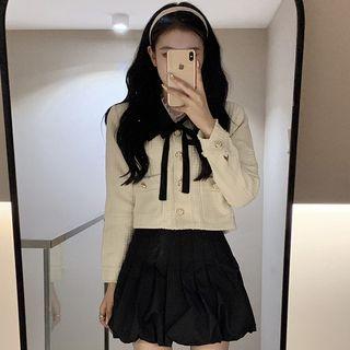 Contrast Collar Tweed Jacket / Mini Pleated Skirt