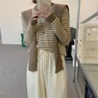 Striped Round-sleeve Knit Top + Knit Shawl Khaki Set - One Size