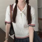 Short-sleeve Collar Knit Top White - One Size