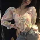 Flower Print 3/4-sleeve Chiffon Blouse As Shown In Figure - One Size