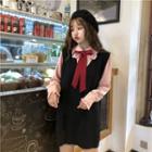 Bow Accent Shirt / Knitted Pinafore Dress