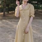 Short-sleeve Frill Trim Collar Midi A-line Shirtdress
