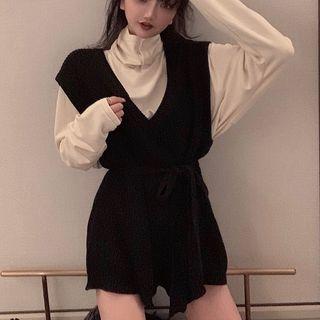 Turtle-neck Long-sleeve Blouse / Sleeveless Playsuit