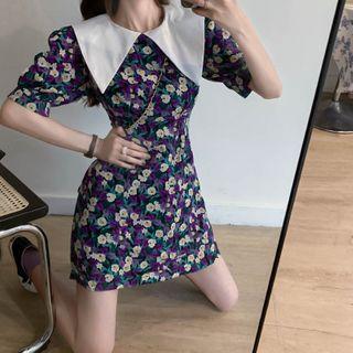 Pointed Collar Floral Print Short Sleeve A-line Dress Purple - One Size