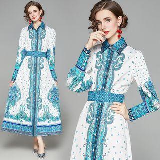 Printed Long-sleeve Maxi A-line Shirt Dress