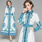 Printed Long-sleeve Maxi A-line Shirt Dress