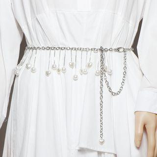 Faux Pearl Dangle Chain Belt White - One Size