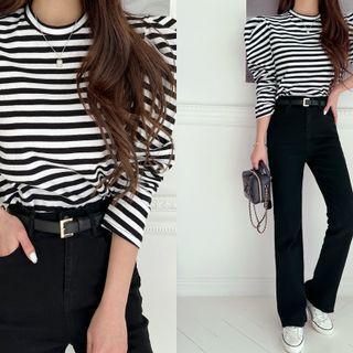 Puff-sleeve Stripe Top Black - One Size