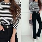 Puff-sleeve Stripe Top Black - One Size