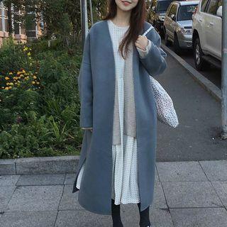 Long Tie-waist Coat Grayish Blue - One Size
