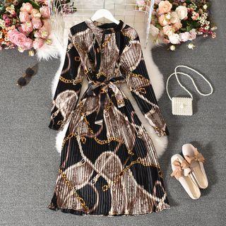 Long-sleeve Print Accordion-pleat Midi A-line Dress