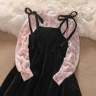 Long-sleeve Lace Top / Spaghetti Strap Velvet A-line Dress