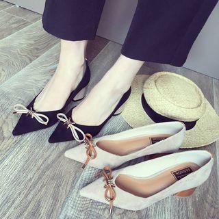 Bow Accent Pointed Block Heel Pumps