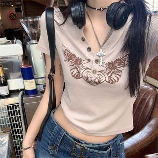 Short-sleeve Butterfly Print T-shirt Light Brown - One Size