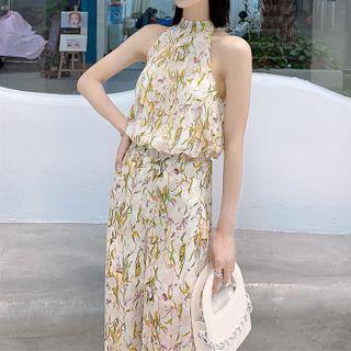 Set: Floral Halter Top + Wide Leg Pants