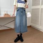 High-waist Denim A-line Slit Midi Skirt