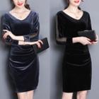 Long-sleeve Velvet Shirred Dress