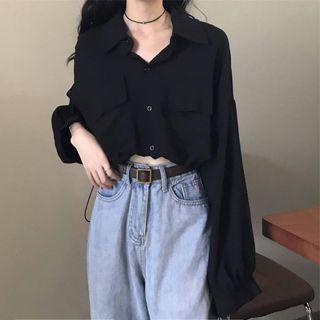 Pocketed Long-sleeve Drawstring-hem Top Black - One Size