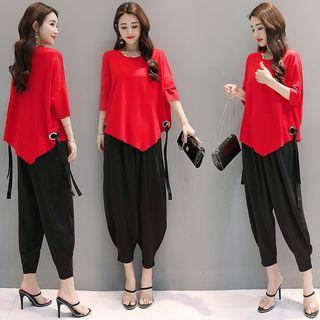 Set: 3/4-sleeve Top + Cropped Harem Pants