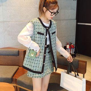 Set: Single-breasted Tweed Vest + A-line Mini Skirt