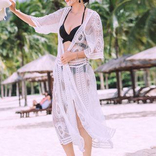 3/4-sleeve Lace Patterned Cover-up White - One Size