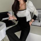 Puff-sleeve Color-block Cropped Knit Top