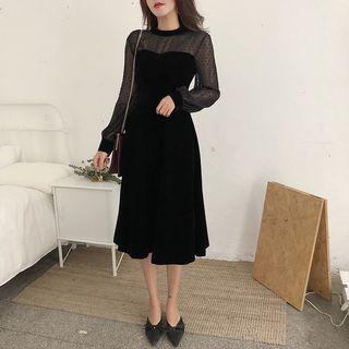 Mesh Panel Long-sleeve Midi A-line Dress