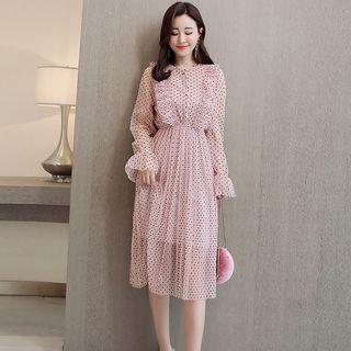Long-sleeve Dotted Ruffled Midi Mesh Dress